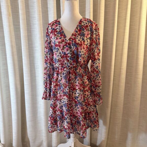 Kirundo Womens Dress Small Pink Floral Faux Wrap Ruffle Tiered Long Sleeve Flowy - Picture 1 of 13